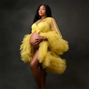 Желтые короткие платья для беременных С оборками Тюлевый халат для фотосъемки с поясом-бантом Женское платье для выпускного вечера Модный халат de mariee  5