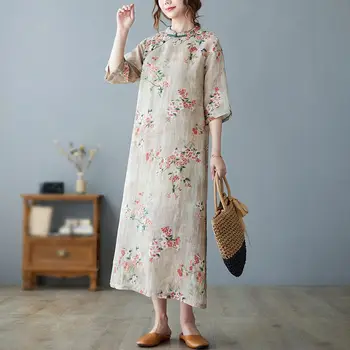 Новое женское Традиционное хлопчатобумажное льняное платье в китайском стиле, Женское платье с цветочным рисунком, улучшенное платье Чонсам с рукавами 5/4.  1