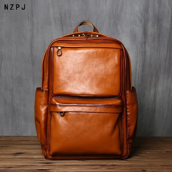 Мужской рюкзак NZPJ из натуральной кожи в стиле ретро, повседневная сумка для компьютера из воловьей кожи, европейская и американская модная дорожная сумка  4