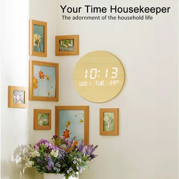 Оптовые креативные СВЕТОДИОДНЫЕ деревянные круглые настенные часы Модные электронные часы Подарки для дома Электронные будильники  5