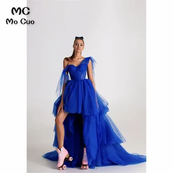2021 Высокое Низкое Платье Royer Blue Вечерние Платья Для Выпускного Вечера Многоуровневое Вечернее Платье На Одно плечо Плюс Размер Vestido Longo Festa  5