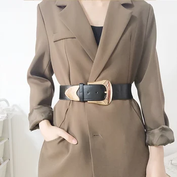 Модные Эластичные широкие ремни из искусственной кожи для женщин с металлической пряжкой на поясе, женский Регулируемый пояс для пальто и платья  5