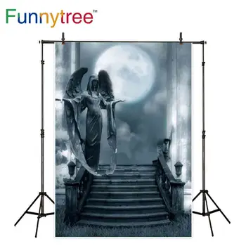 Фоновые изображения Funnytree для фотостудии, статуя ангела, ступени, большая луна, ночное небо, сказочная профессиональная фоновая фотобудка  0