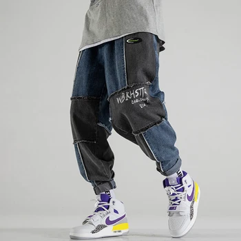 Апрель МОМО 2022 Мужские лоскутные джинсы в стиле хип-хоп, джинсовые брюки, брюки Hombre, мужская повседневная мода, Свободный стиль, брюки-карго, мужские брюки-карандаш  5