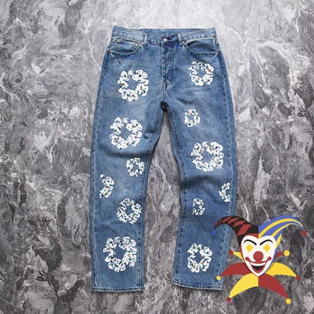 Джинсы с постиранной инкрустацией Gem Для мужчин и женщин 1: 1 лучшего качества из плотной ткани Kanye, джинсовые брюки Оверсайз  5