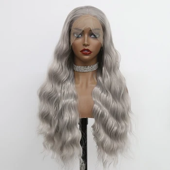 Серый цвет, 30-дюймовый синтетический парик на кружеве 13x4, объемная волна, косплей, Термостойкие Парики для женщин, предварительно выщипанные, 180 Плотность Aiva  5