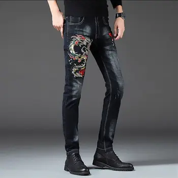 Модные мужские длинные брюки 2020 года с принтом весна-лето, джинсы с цветочной вышивкой, мужские тонкие ноги, мужские повседневные джинсы  5
