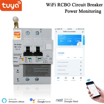 Alexa Совместимый 2P Din-рейка интеллектуальный автоматический выключатель RCBO Защита от утечки Приложение Tuya Беспроводное управление Мониторинг энергопотребления WiFi MCB  0