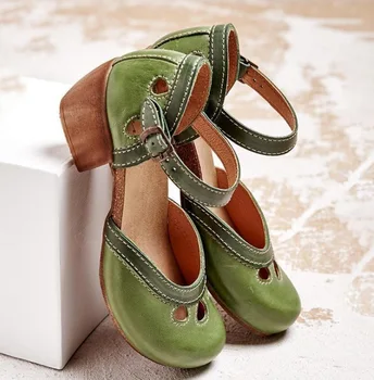 Женская летняя обувь, повседневные сандалии с вырезами на среднем каблуке, Элегантные женские туфли-лодочки в стиле ретро с цветными ремешками и пряжкой на щиколотке, женские сандалии  0
