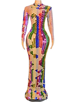 Женское длинное платье с зеркальными блестками, стрейч, Потрясающая одежда для выступления певицы на сцене, Красочный сетчатый наряд королевы на день рождения 2023 года  1