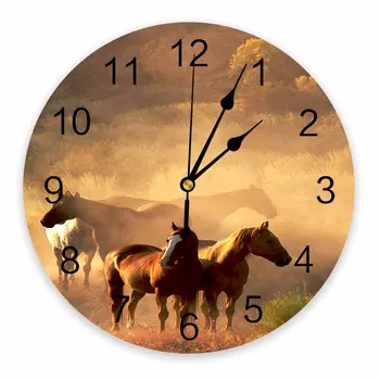 Декоративные круглые настенные часы с изображением дикой лошади, дизайн с арабскими цифрами, не тикающие настенные часы, большие для спальни, ванной комнаты  5