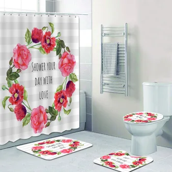 Стильный полосатый акварельный венок с красными, розовыми маками и розами Украсьте свой день любовью, комплект занавески для душа, коврик для ванной комнаты, декор ковра  5