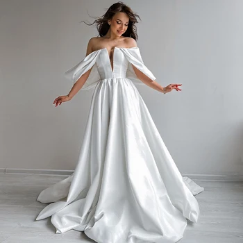 Свадебное платье Белое атласное с открытыми плечами, глубокий V-образный вырез, свадебные платья для женщин 2023, простые свадебные платья на шнуровке с открытой спиной для невесты  4