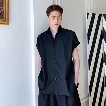 Модная рубашка с отворотом SYUHGFA, мужской Модный кардиган с рукавами-пузырями в Корейском стиле, стильный кардиган с коротким рукавом, Летний Мужской однотонный топ  5
