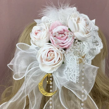 Головной убор невесты с кружевным цветком, шляпка в стиле Лолиты, цилиндр с милым кружевным цветком, расшитый жемчугом, заколка для волос с бантом Каваи сбоку  5