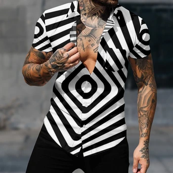 Гавайская рубашка для мужчин в стиле граффити Рубашка в полоску с 3D принтом Уютная повседневная пляжная одежда большого размера с коротким рукавом 3  5