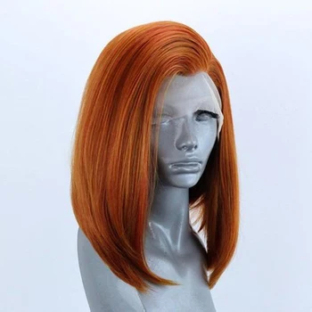 Короткий боб Оранжево-рыжего цвета, синтетические 13x4 кружева спереди, прямые прозрачные парики для косплея в стиле Пикси, предварительно выщипанные 180%  4