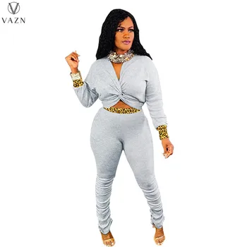 VAZN 2021 Новый роскошный дизайнерский асимметричный высококачественный комплект в стиле пэчворк, подходящие длинные брюки с длинными рукавами, обтягивающий женский комплект из 2 предметов  5