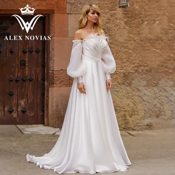 Свадебное платье ALEX NOVIAS трапециевидной формы с пышными рукавами, высокое качество, 2023, винтажное Шифоновое Атласное платье с перьями и вырезом лодочкой, Vestidos De Novia  5