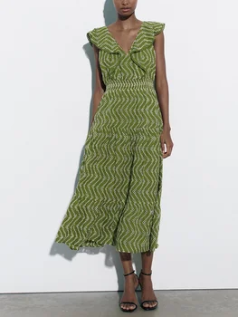 Летнее платье с рюшами, Элегантное винтажное платье с ришелье и вышивкой, женское платье Миди с V-образным вырезом, без рукавов, с эластичным поясом  5