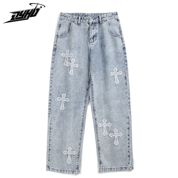 Синие джинсы Мужские в стиле хип-хоп с перекрестной нашивкой Прямые брюки Брюки Harajuku Уличная одежда Свободные Повседневные Выстиранные джинсовые брюки Унисекс Мода  5