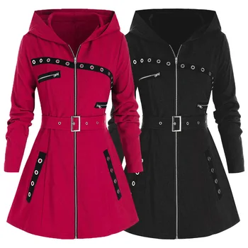 Женские Длинные Толстовки, пальто, осень-зима, Теплая куртка с принтом в готическом стиле Панк, женская уличная одежда, толстовка на молнии, жакеты  5