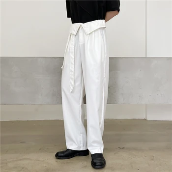 2021 Осенний корейский стиль, уникальные складные костюмные брюки с высокой талией, мужские повседневные свободные черные белые костюмные брюки для мужчин, M-XXL  10