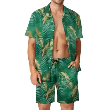 Мужские комплекты пляжной одежды из тропических пальмовых листьев, яркая повседневная рубашка Golden Jungle, Летние шорты, модный костюм из 2 предметов, большие размеры 2XL 3XL  4