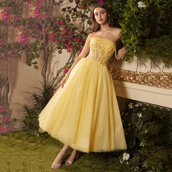Платья для выпускного вечера Pastrol желтого цвета без бретелек в аппликацию 2023, Тюлевое платье трапециевидной формы по щиколотку, расшитое бисером и блестками, Вечернее платье без рукавов  5