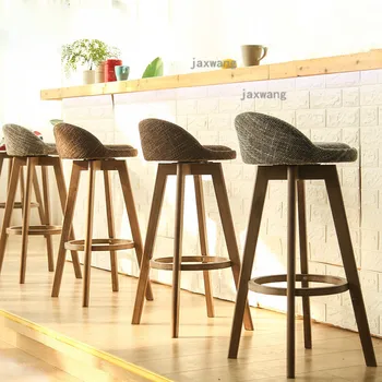 Ретро-барные стулья из массива дерева, современное легкое роскошное вращающееся кресло, домашний тканевый барный стул, кухонная мебель, барный стул в скандинавском стиле для отдыха  5