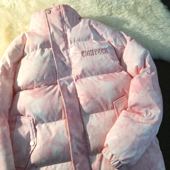 Новинка зимы 2021 года, хлопковая куртка Harajuku, стеганое пальто, розово-голубые парки с галстуком-красителем  5