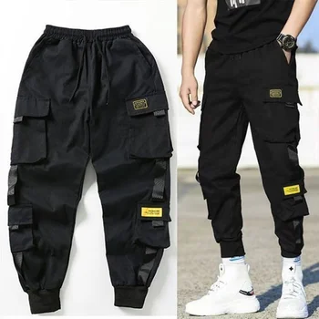 Мужские брюки-карго с черным карманом, Шаровары, спортивные штаны Harajuku, хип-Хоп Тактические Брюки  5