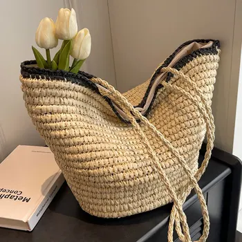 Брендовая дизайнерская соломенная женская сумка через плечо Пляжная сумка для отдыха Сумка через плечо Большая сумка-ведро Тренд 2023 года  5