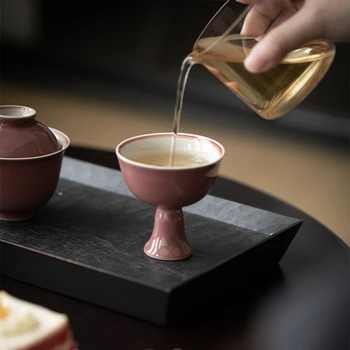 Красная Каупеа Креативная Китайская Чашка для чая на высоких Ножках Фарфоровая Керамическая Антикварная Красивая Чайная Чашка Чайная Посуда Чашка Чая Легкая  10