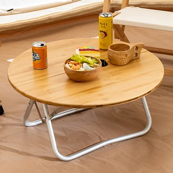 HCLDJM Складной круглый стол для кемпинга на открытом воздухе, спинка для рыбалки, барбекю для пикника, бамбуковый стол, переносной столик с сумкой для переноски, барбекю  5