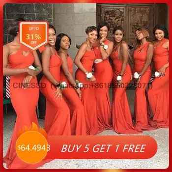 Оранжевые платья подружек невесты в стиле русалки на одно плечо 2022, длинные вечерние платья в стиле милой девушки для свадебной вечеринки, атласные платья макси для девочек  5
