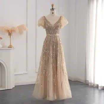 Роскошное вечернее платье с шампанским в Дубае 2023, Элегантный V-образный вырез, пышные рукава, Серебристые Длинные женские свадебные платья SS005  1