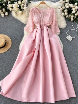 Женское розовое вечернее платье Весна-лето с кружевной вышивкой, сексуальные длинные платья с V-образным вырезом, женский тонкий длинный халат трапециевидной формы, Vestidos  4