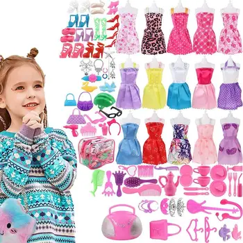 Модная одежда для кукол 105 предметов, одежда и аксессуары для кукол, 15 Мини-юбок, 90 Туфель, ювелирные изделия, ожерелье, аксессуары для девочек в подарок  5