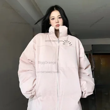 Зимняя одежда с вышивкой буквами, женская куртка, модная Уличная Розовая куртка из искусственной кожи, женская одежда, Свободное пальто, женские куртки  5