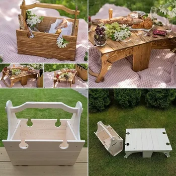 Деревянный складной столик Портативный складной столик для корзины для пикника 2-в-1 Стол для пикника Складной столик с держателем бокала для вина  5
