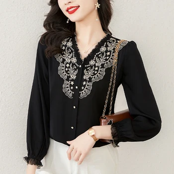 Весенне-осенняя женская кружевная рубашка с V-образным вырезом, шелковая атласная блузка, вышитые в стиле пэчворк винтажные топы с длинными рукавами  5