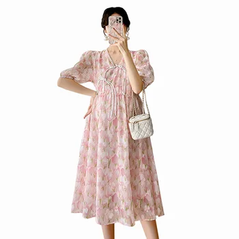Винтажное платье с цветочным рисунком, женское элегантное шифоновое вечернее платье с коротким рукавом и V-образным вырезом, женское платье 2023, летняя новинка  5