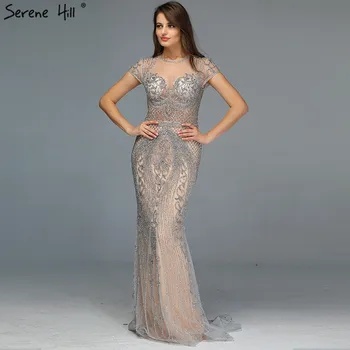 Serene Hill Dubai Серое Сексуальное вечернее платье с бриллиантами 2023, Короткие рукава, Роскошное вечернее платье-русалка CLA60934  4