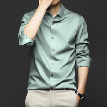 Стрейчевая высококачественная роскошная элегантная мужская рубашка с длинным рукавом, топы 2023, Новые облегающие повседневные деловые рубашки на пуговицах для мужчин  4