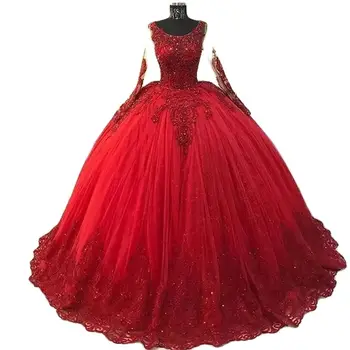 Пышные красные пышные платья с длинными рукавами, фатиновые бусины, аппликации, корсет, вечеринка по случаю Дня рождения, бальное платье для выпускного вечера, Vestidos De 15 Anos  5