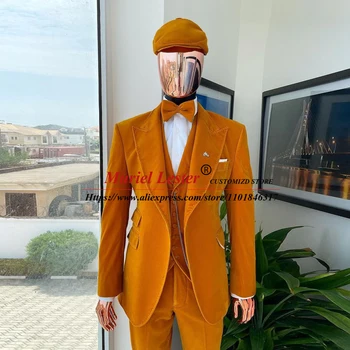Модные мужские костюмы Soild Orange, последние комплекты бархатных однобортных блейзеров, обычный деловой мужской смокинг для званого ужина на заказ  10