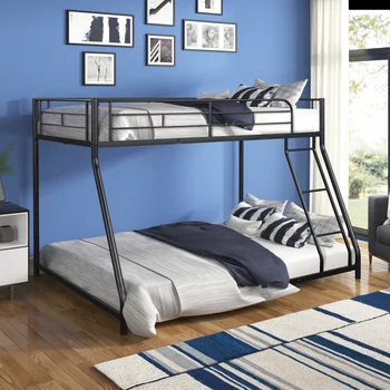 Цельнометаллическая двуспальная кровать с шумоподавлением и длинным ограждением, подходит для спальни или общежития, черная  5