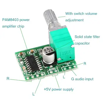Плата Аудиоусилителя мощности PAM8403 5V 2-Канальный Регулятор Громкости мощностью 3 Вт/USB Power  4