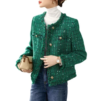 Модная шикарная корейская версия, короткая куртка из зеленого твида знаменитостей, весна-осень, качественные женские топы, пальто  5
